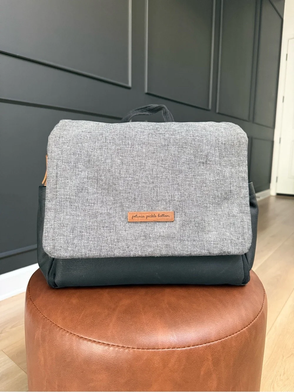 Petunia Pickle Bottom Gray and Black Diaper Backpack with Tan Accent